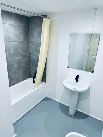 Baño compartido bañera con ducha, lavabo y espejo
